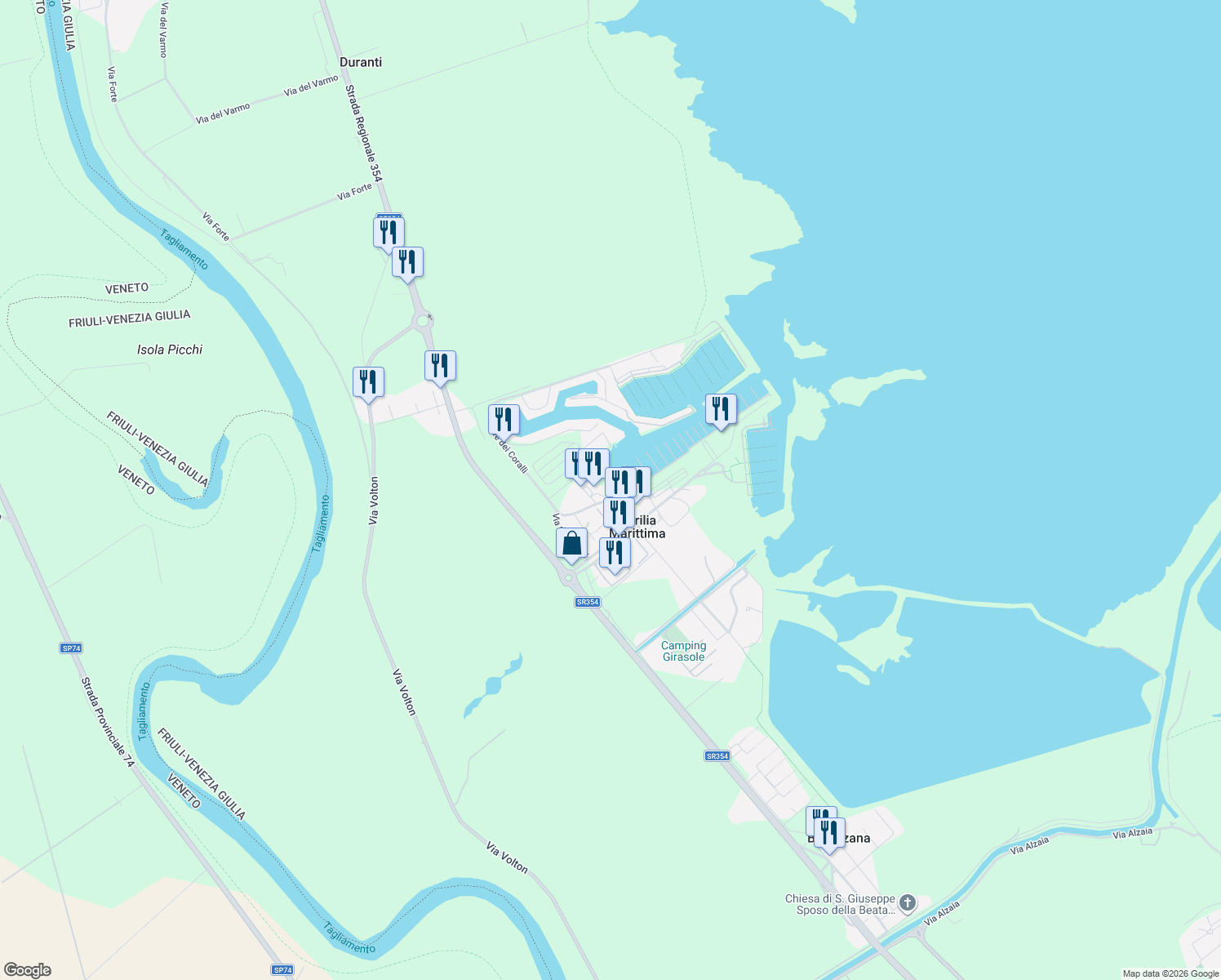 map of restaurants, bars, coffee shops, grocery stores, and more near 4 Piazzetta dell'Imbarcadero in Aprilia Marittima