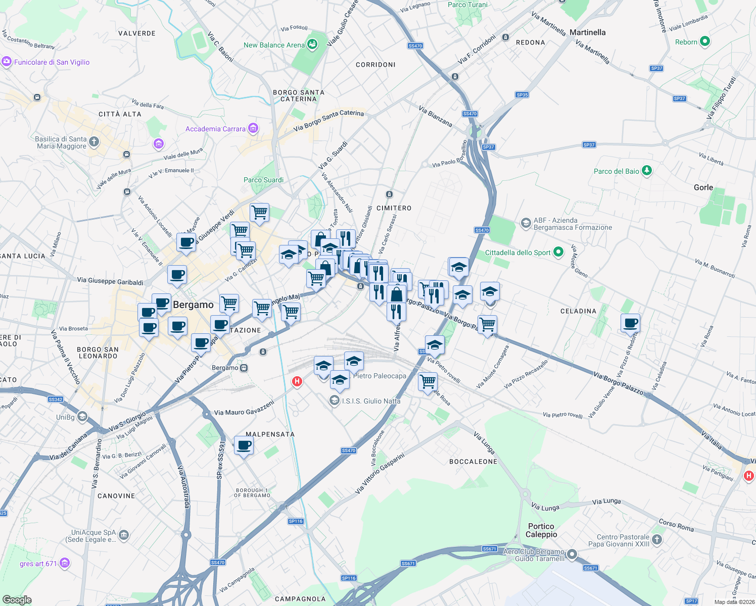 map of restaurants, bars, coffee shops, grocery stores, and more near 2-14 Via Franchino Gaffurio in Bergamo