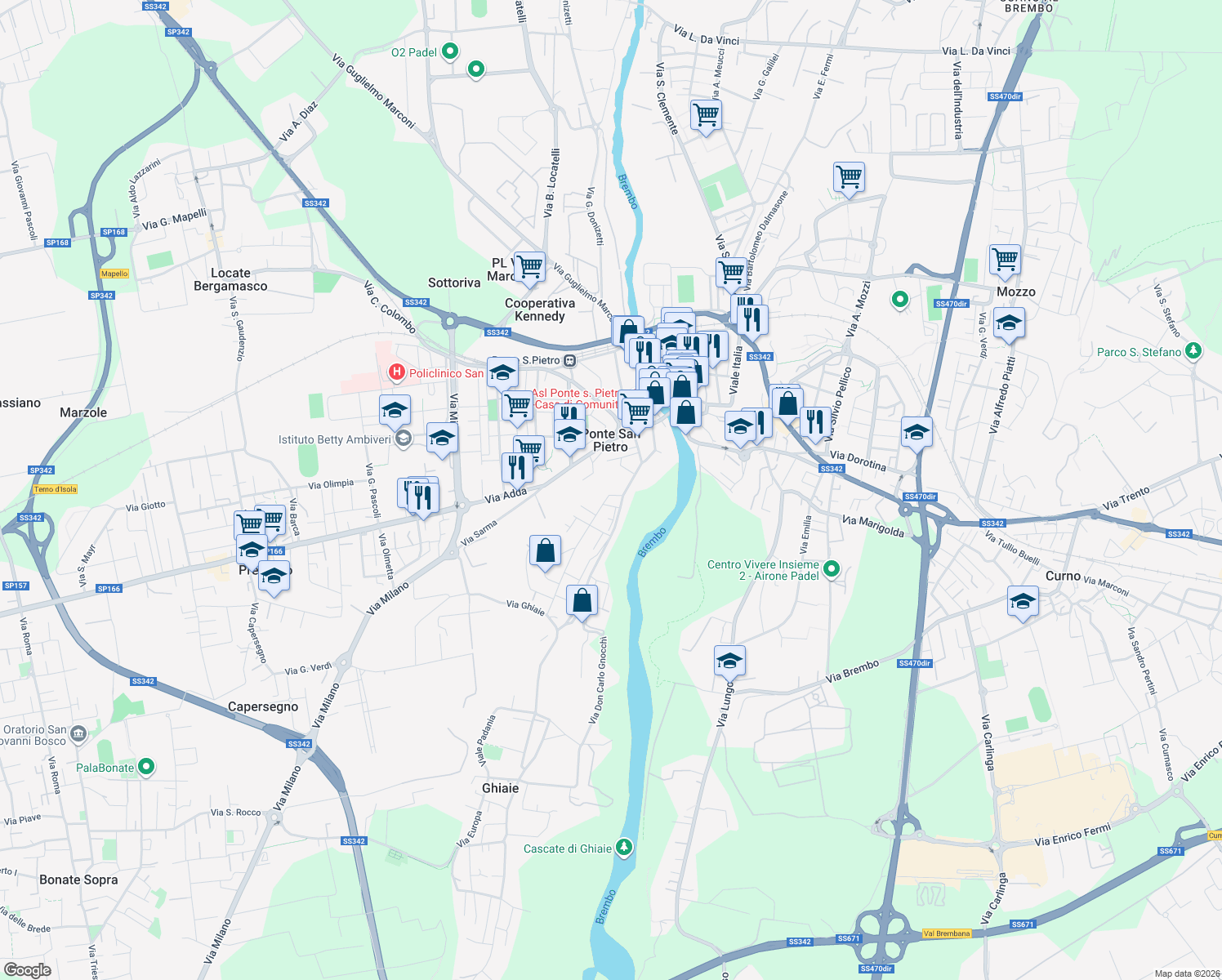 map of restaurants, bars, coffee shops, grocery stores, and more near 6 Via G. Mazzini in Ponte San Pietro