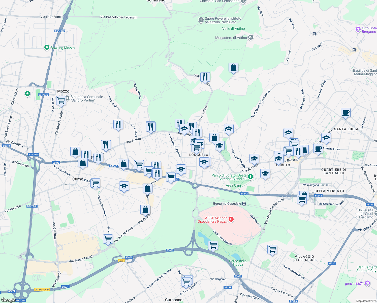 map of restaurants, bars, coffee shops, grocery stores, and more near 20 Via Guglielmo Mattioli in Bergamo