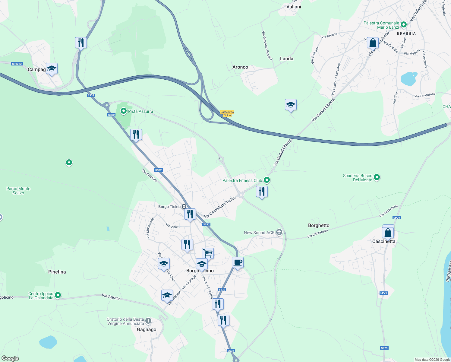 map of restaurants, bars, coffee shops, grocery stores, and more near 32 Via I Maggio in Provincia di Novara