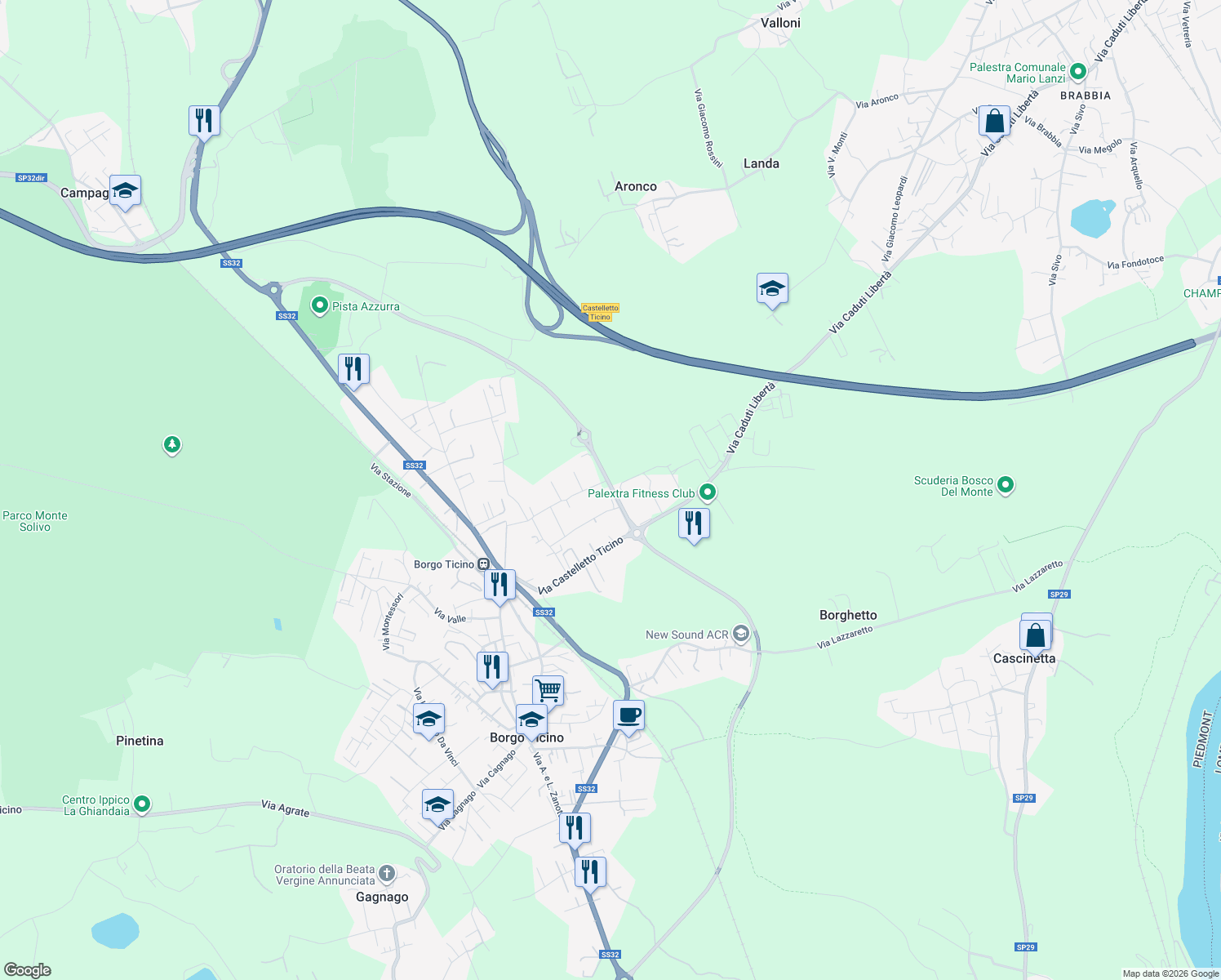 map of restaurants, bars, coffee shops, grocery stores, and more near 32 Via I Maggio in Provincia di Novara