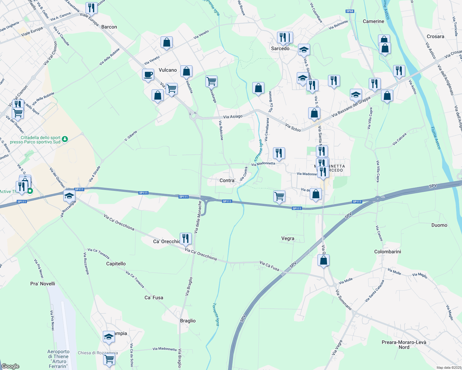 map of restaurants, bars, coffee shops, grocery stores, and more near 21 Via Contrà in Contra'