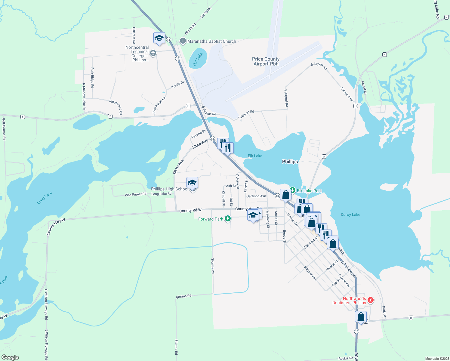 map of restaurants, bars, coffee shops, grocery stores, and more near 790 Ash Street in Phillips