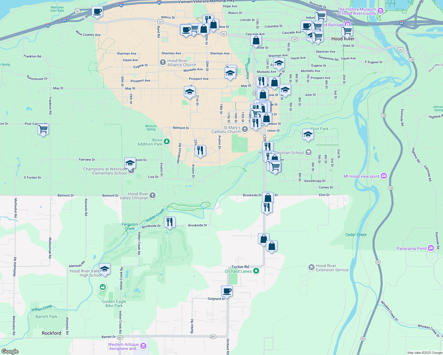 map of restaurants, bars, coffee shops, grocery stores, and more near 2115 Avalon Way in Hood River