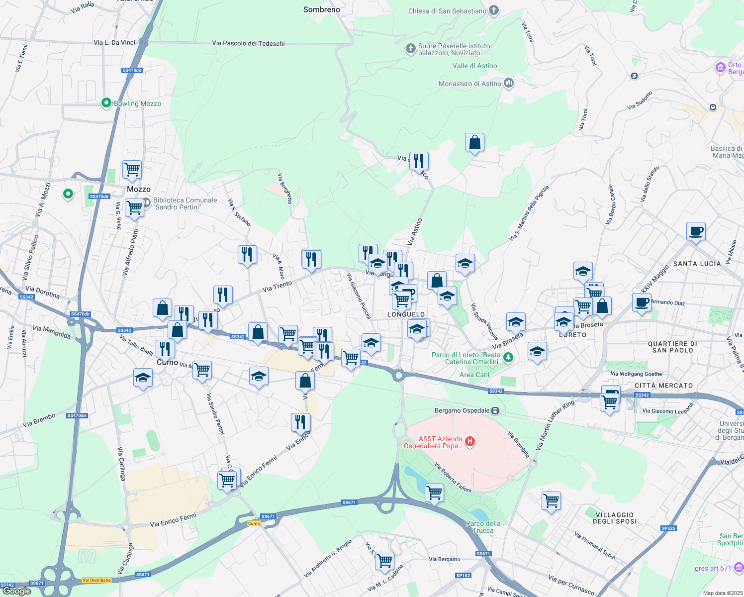 map of restaurants, bars, coffee shops, grocery stores, and more near 20 Via Guglielmo Mattioli in Bergamo