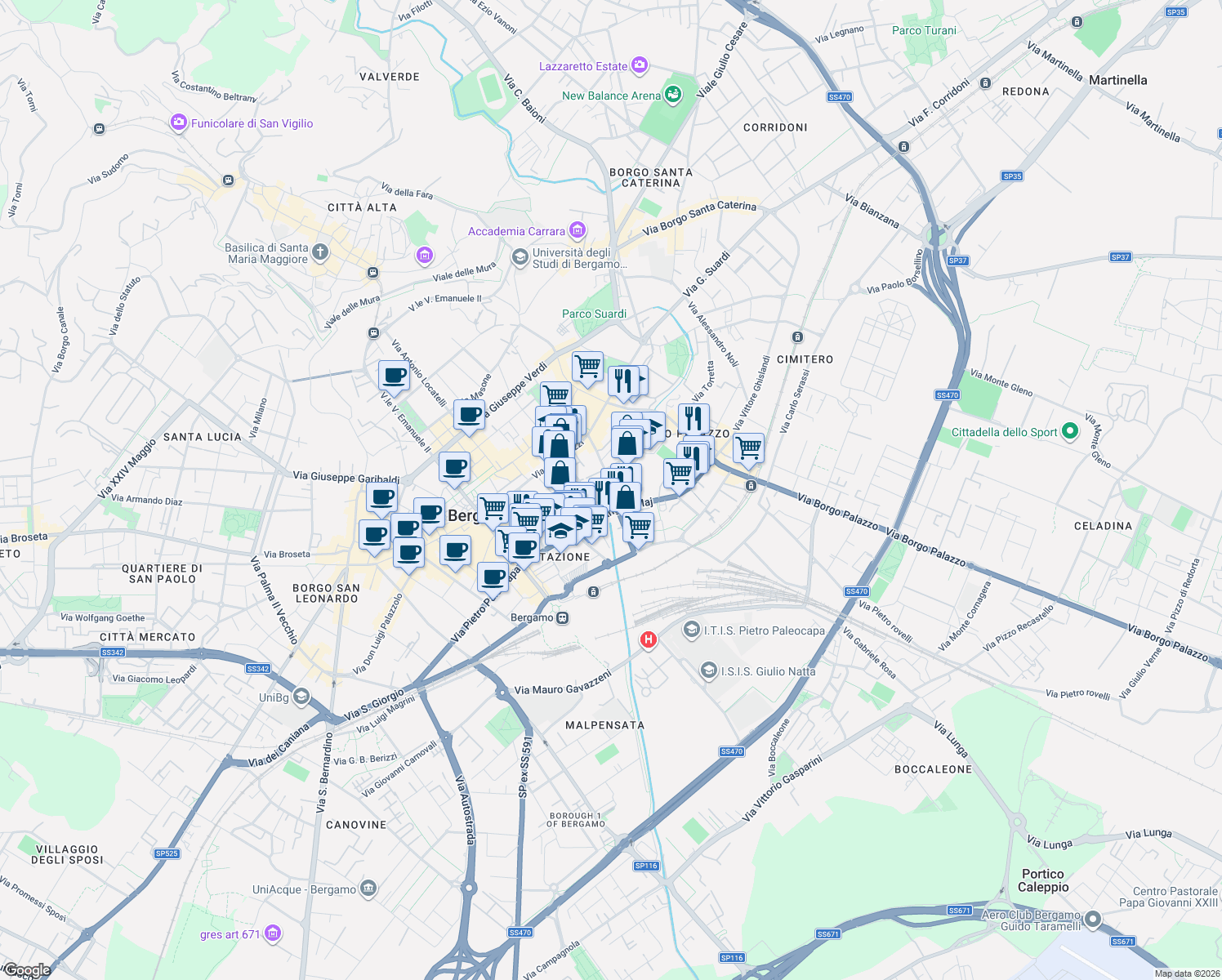 map of restaurants, bars, coffee shops, grocery stores, and more near 11 Via Angelo Maj in Bergamo
