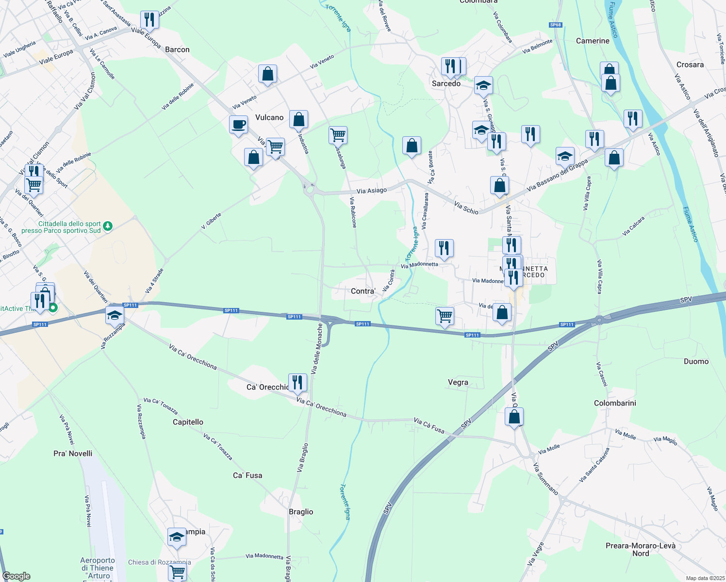 map of restaurants, bars, coffee shops, grocery stores, and more near 21 Via Contrà in Contra'