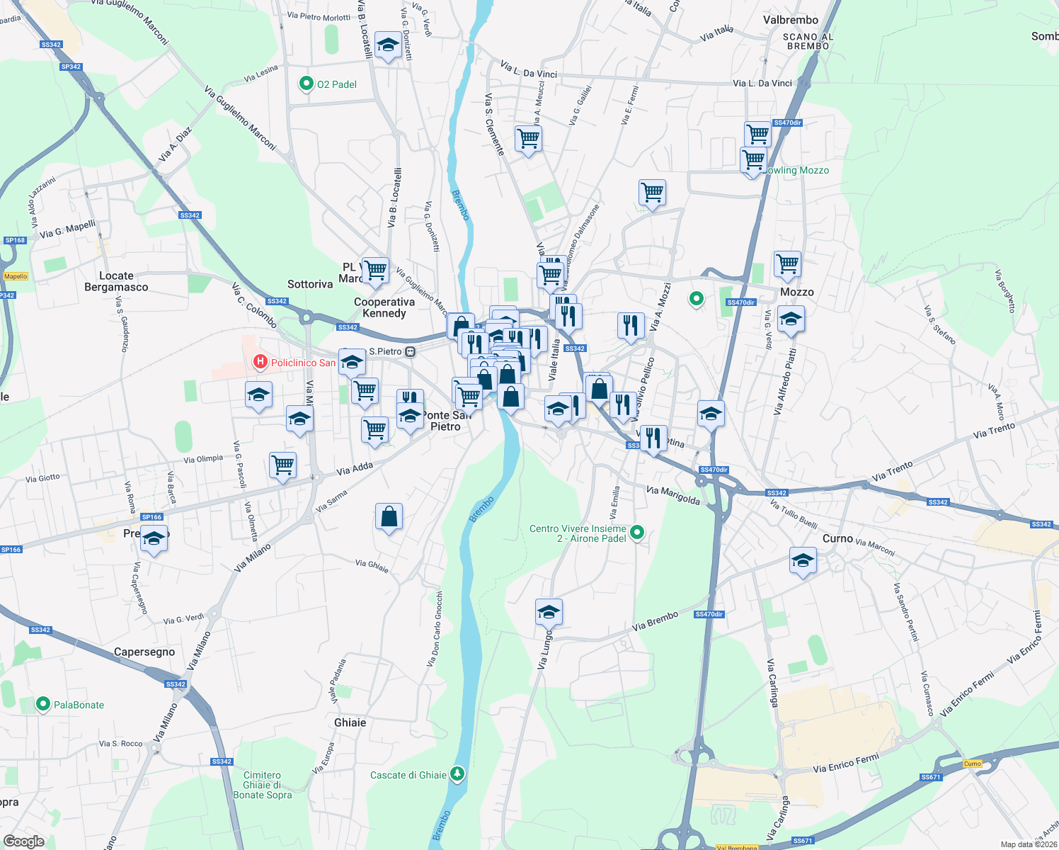 map of restaurants, bars, coffee shops, grocery stores, and more near 56 Via Vittorio Emanuele II in Ponte San Pietro