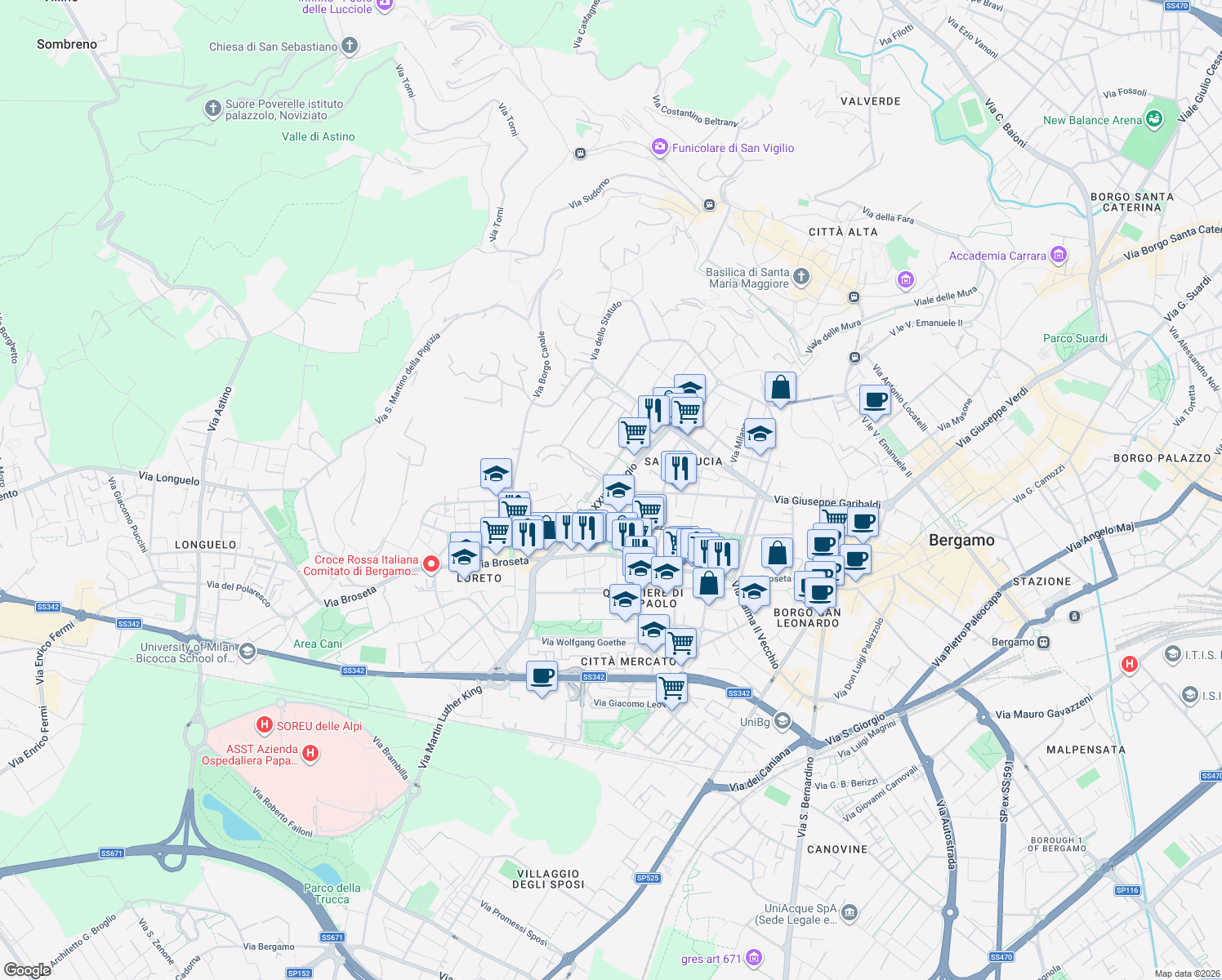 map of restaurants, bars, coffee shops, grocery stores, and more near 48 Via Giuseppe Mazzini in Bergamo