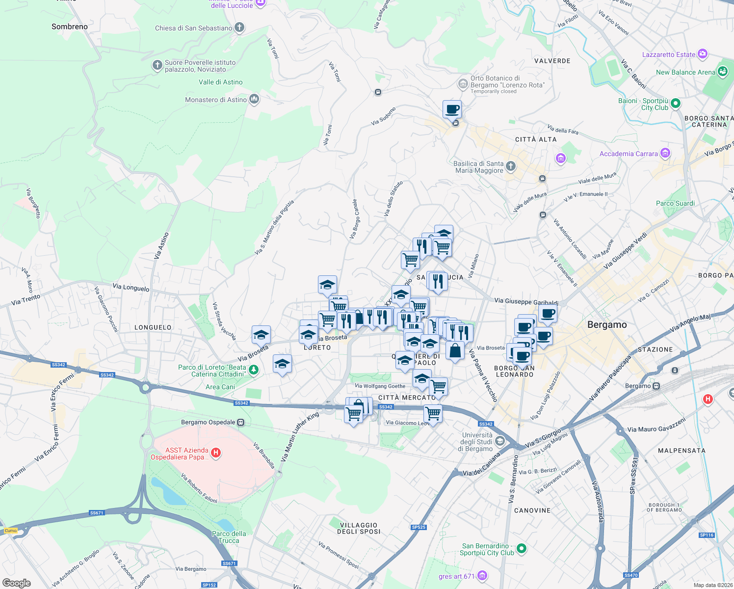 map of restaurants, bars, coffee shops, grocery stores, and more near 9 Via Innocenzo XI in Bergamo