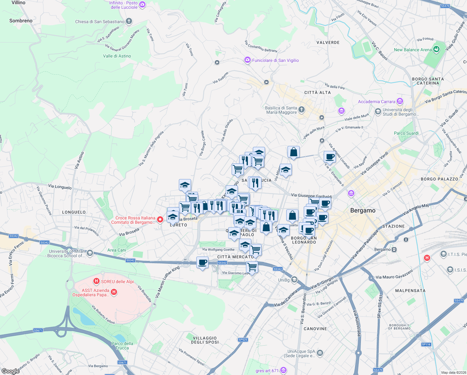 map of restaurants, bars, coffee shops, grocery stores, and more near 48 Via Giuseppe Mazzini in Bergamo