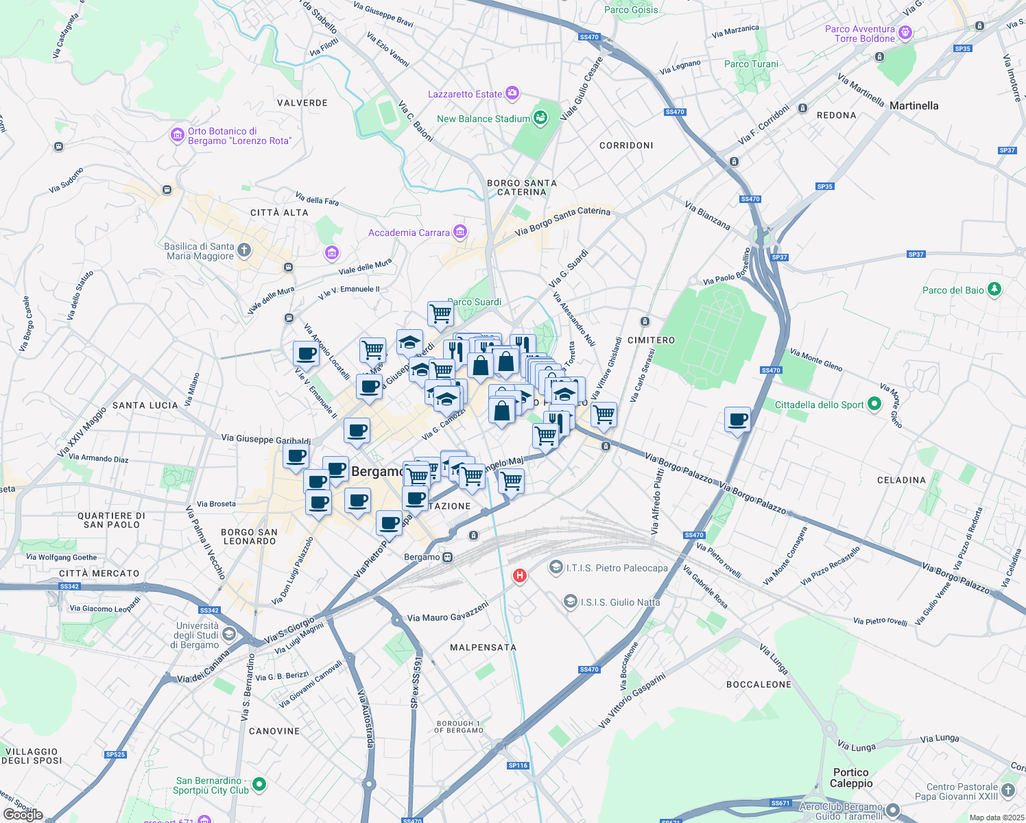 map of restaurants, bars, coffee shops, grocery stores, and more near 26 Via Madonna della Neve in Bergamo