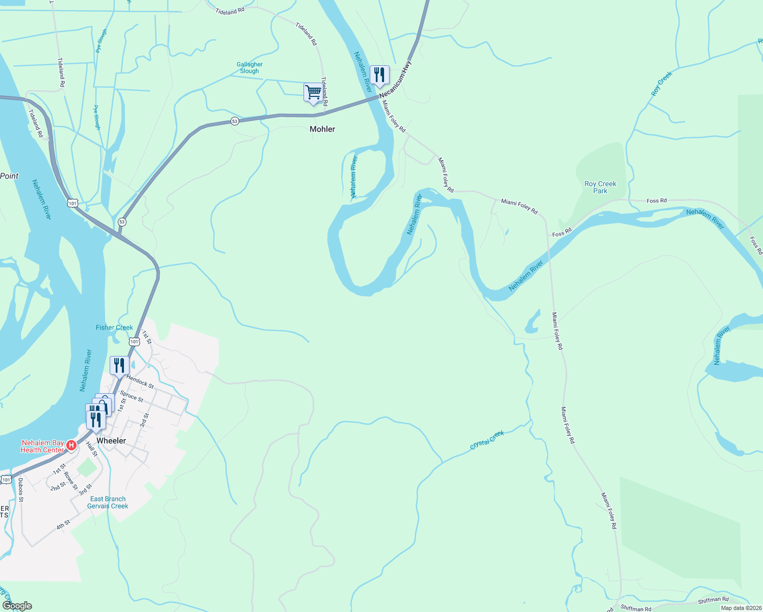 map of restaurants, bars, coffee shops, grocery stores, and more near 1615 Makinster Road in Tillamook