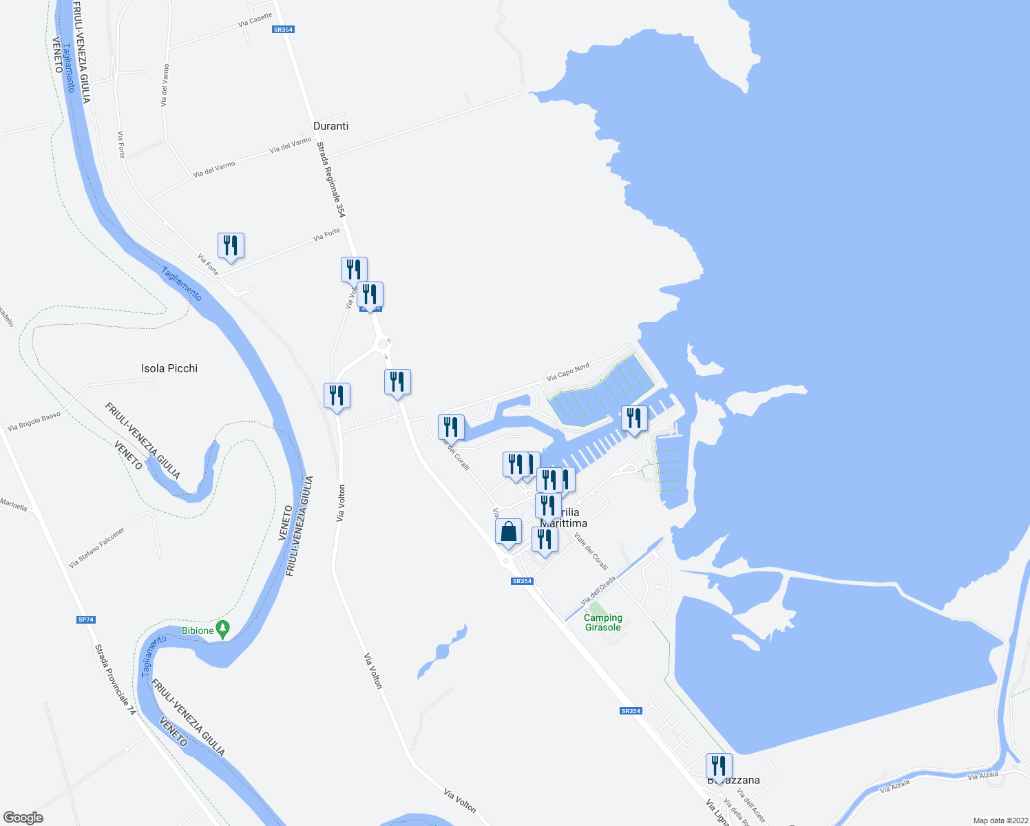 map of restaurants, bars, coffee shops, grocery stores, and more near 31 Via dei Ghiozzi in Bevazzana