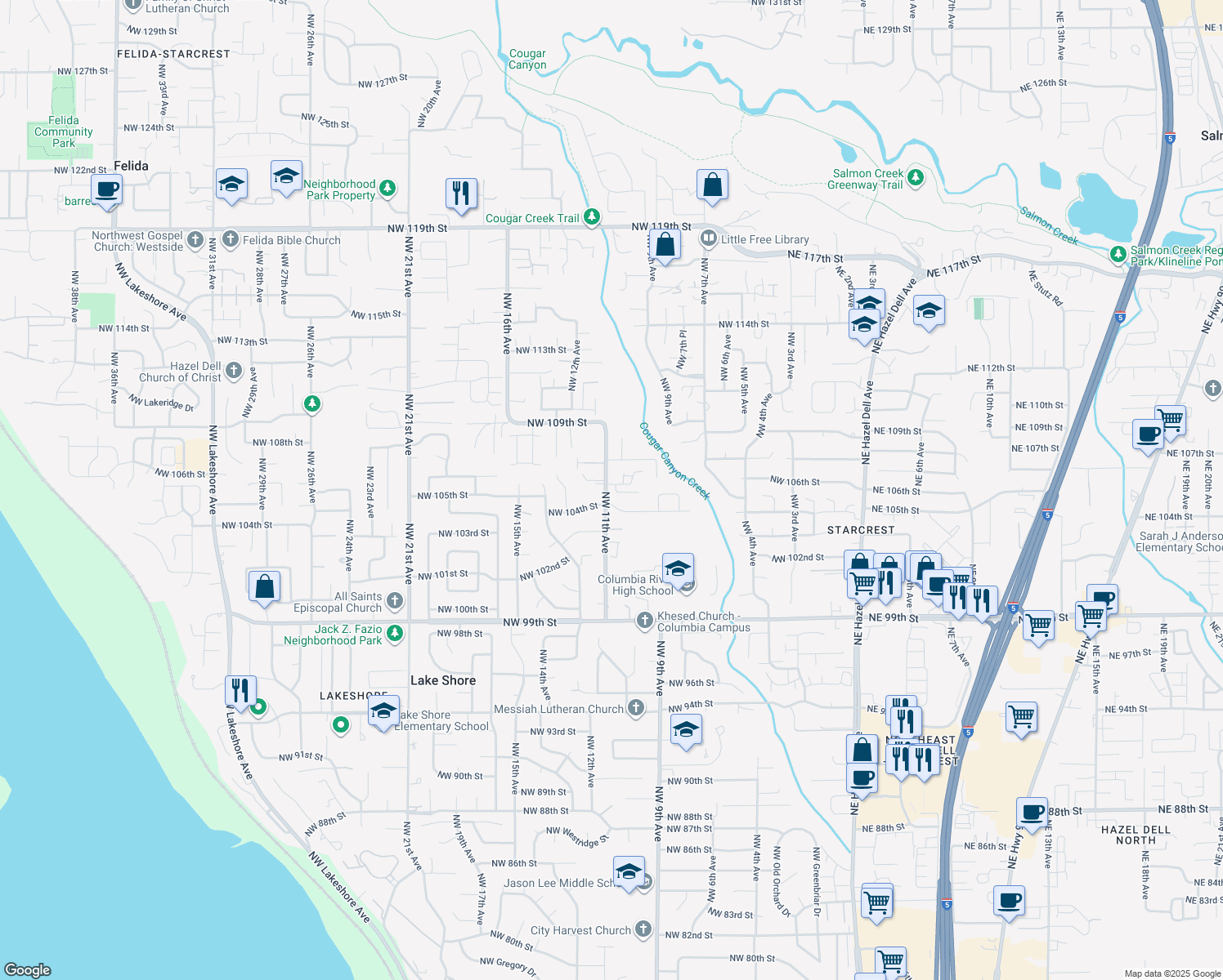 map of restaurants, bars, coffee shops, grocery stores, and more near 10504 Northwest 10th Place in Vancouver