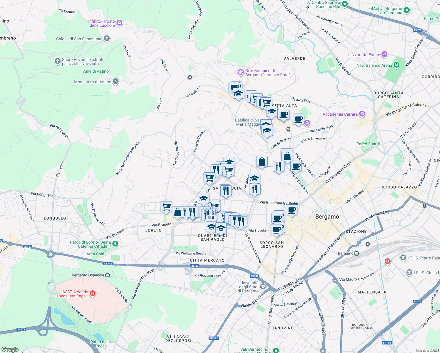 map of restaurants, bars, coffee shops, grocery stores, and more near 3 Via Don Giovanni Minzoni in Bergamo