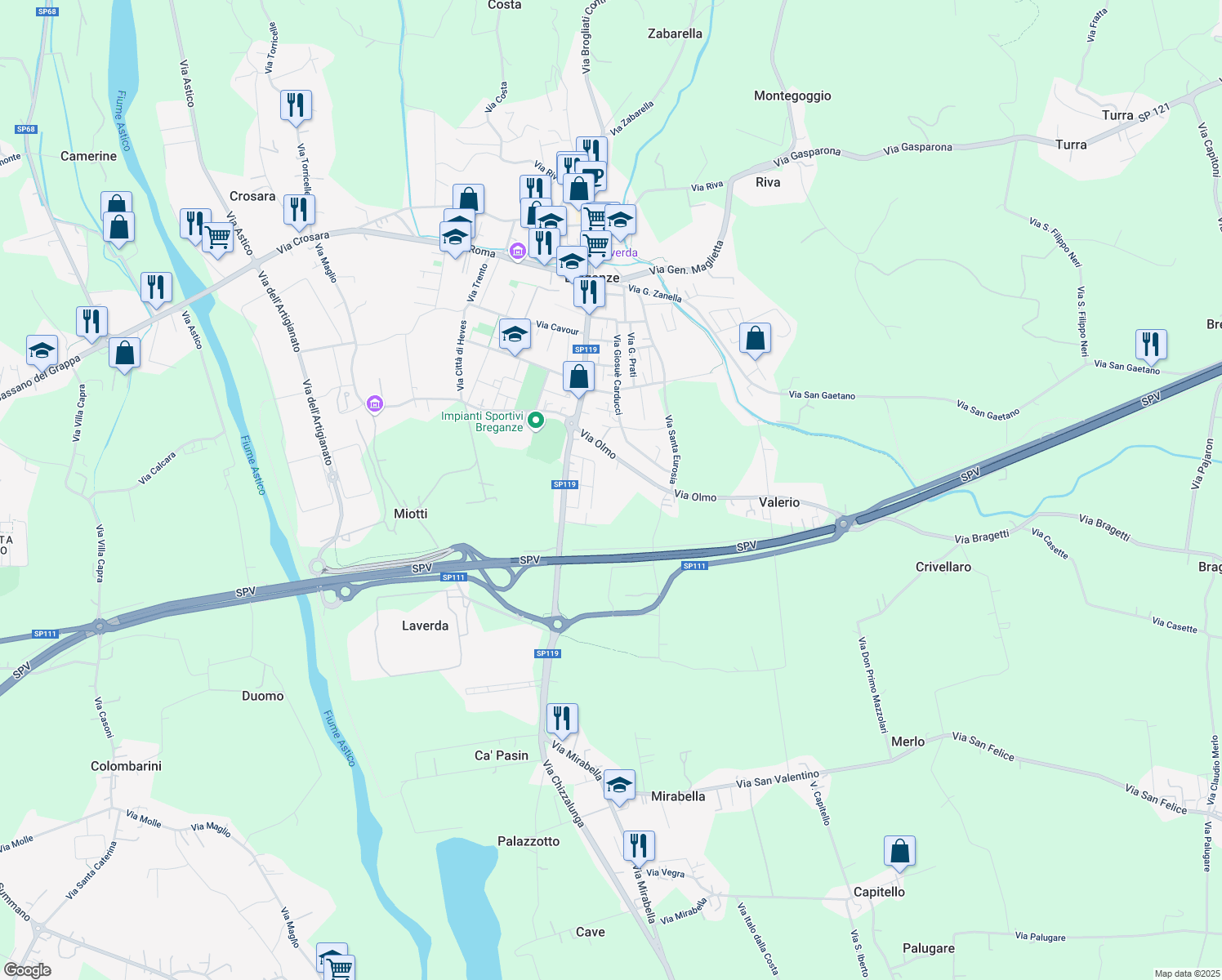 map of restaurants, bars, coffee shops, grocery stores, and more near in Province of Vicenza