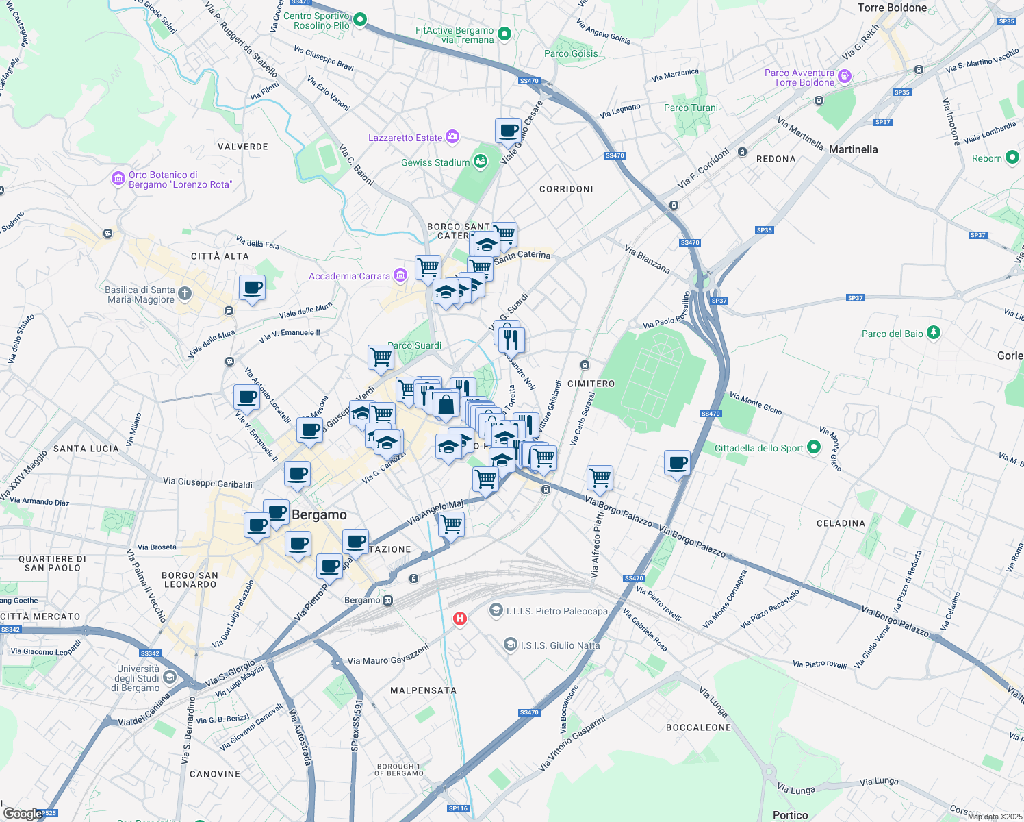 map of restaurants, bars, coffee shops, grocery stores, and more near 12 Via Torretta in Bergamo
