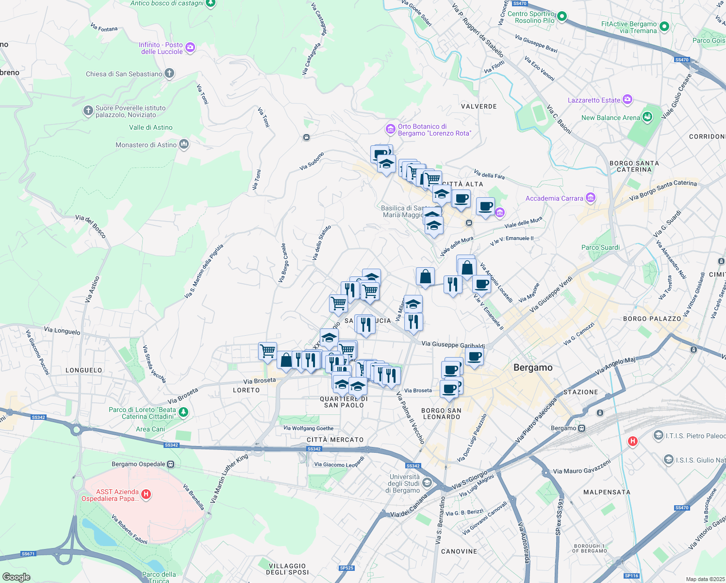 map of restaurants, bars, coffee shops, grocery stores, and more near 1-3 Via Don Giovanni Minzoni in Bergamo