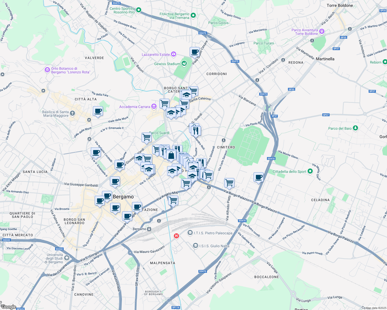 map of restaurants, bars, coffee shops, grocery stores, and more near 12 Via Torretta in Bergamo