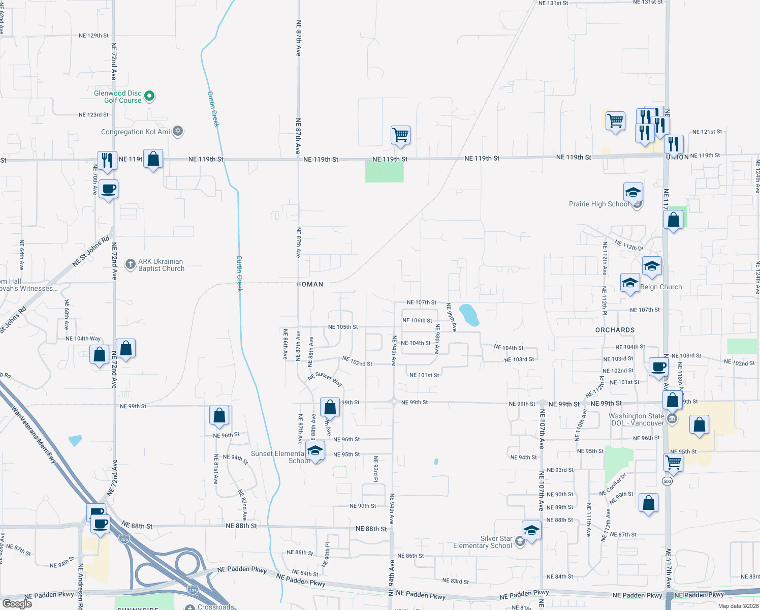 map of restaurants, bars, coffee shops, grocery stores, and more near 10610 Northeast 94th Avenue in Vancouver
