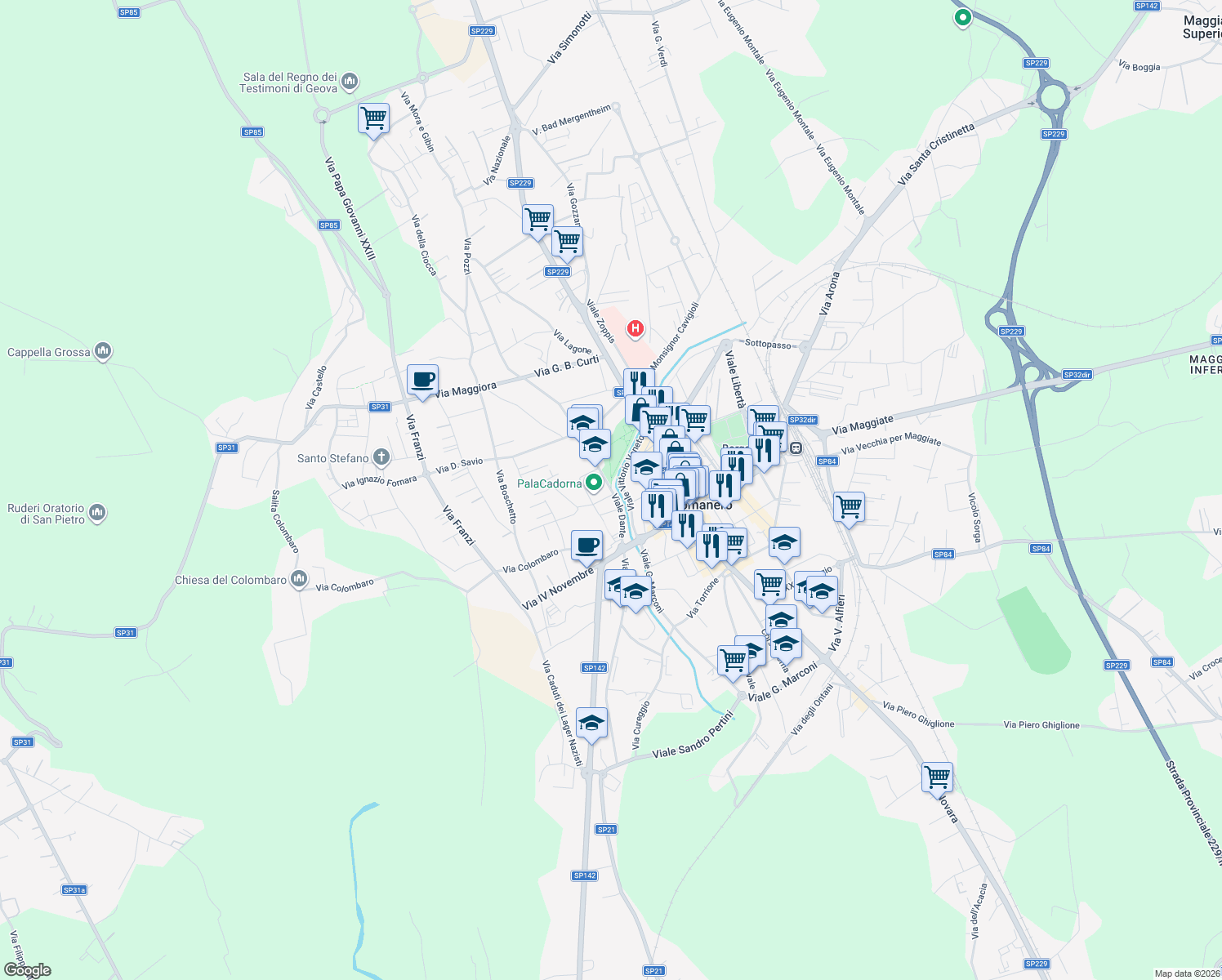 map of restaurants, bars, coffee shops, grocery stores, and more near Viale Dante in Borgomanero