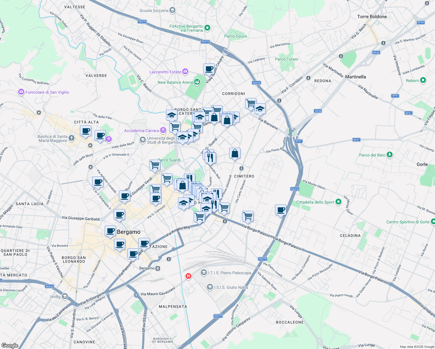 map of restaurants, bars, coffee shops, grocery stores, and more near 9 Via Alessandro Noli in Bergamo
