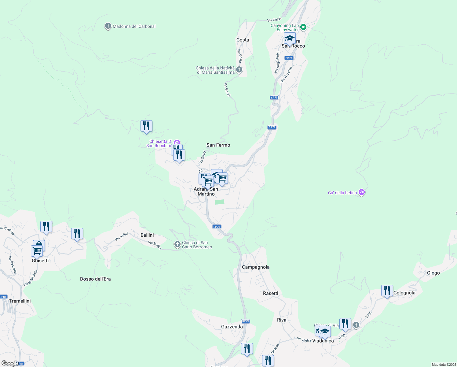map of restaurants, bars, coffee shops, grocery stores, and more near in Adrara San Martino