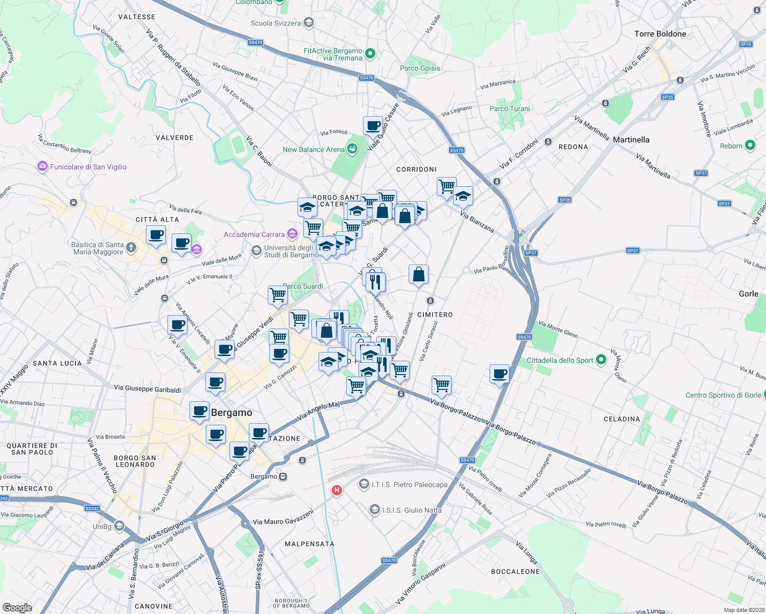 map of restaurants, bars, coffee shops, grocery stores, and more near 9 Via Alessandro Noli in Bergamo