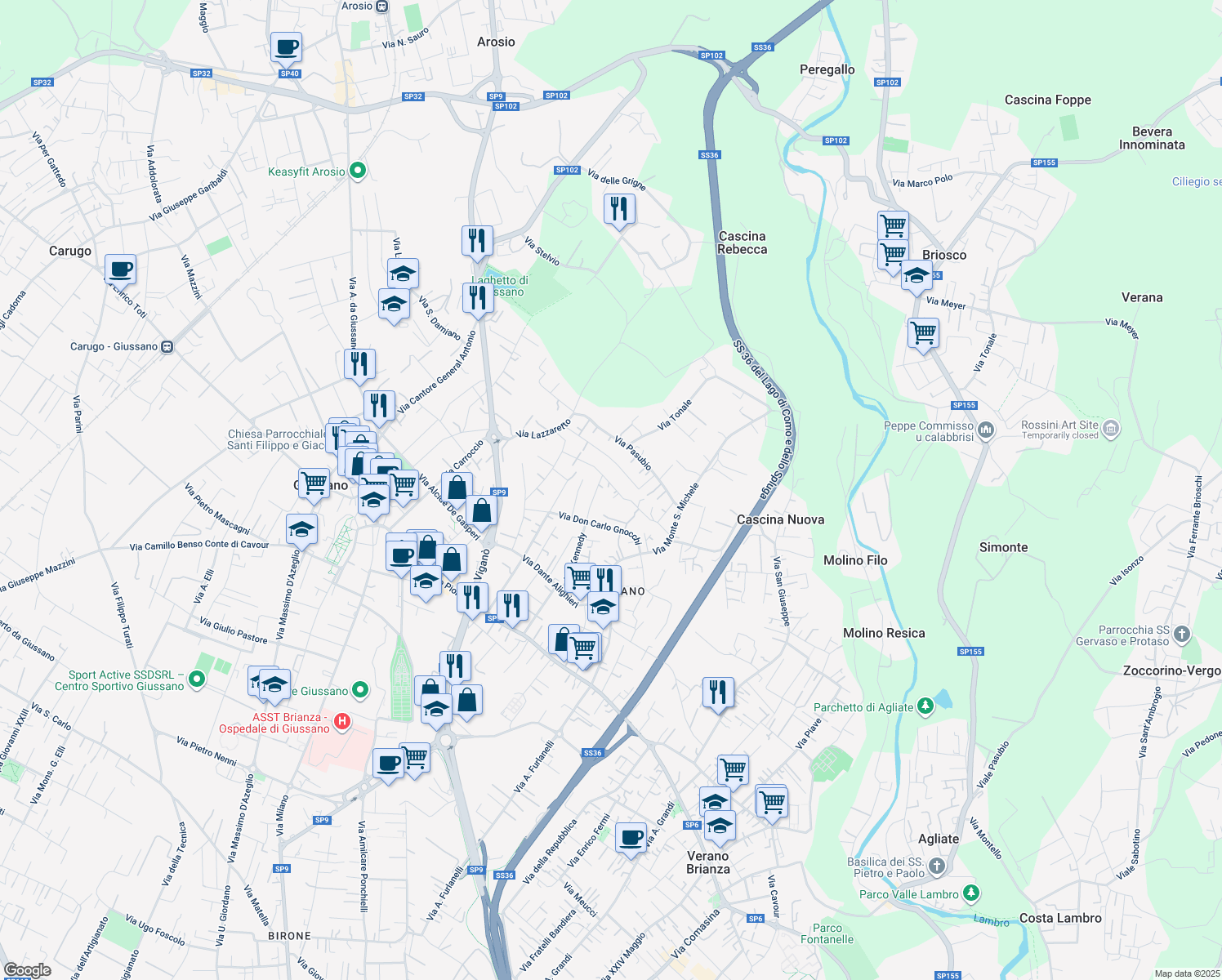 map of restaurants, bars, coffee shops, grocery stores, and more near 22 Via Monte Cristallo in Giussano