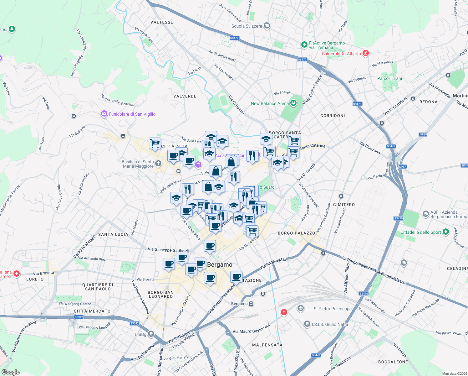 map of restaurants, bars, coffee shops, grocery stores, and more near 98 Vicolo Pelabrocco in Bergamo