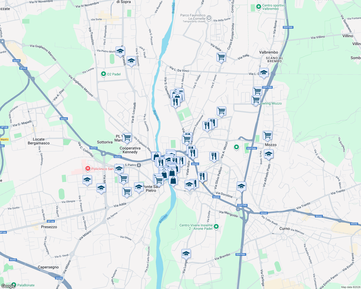 map of restaurants, bars, coffee shops, grocery stores, and more near 10 Via Galizzi in Ponte San Pietro