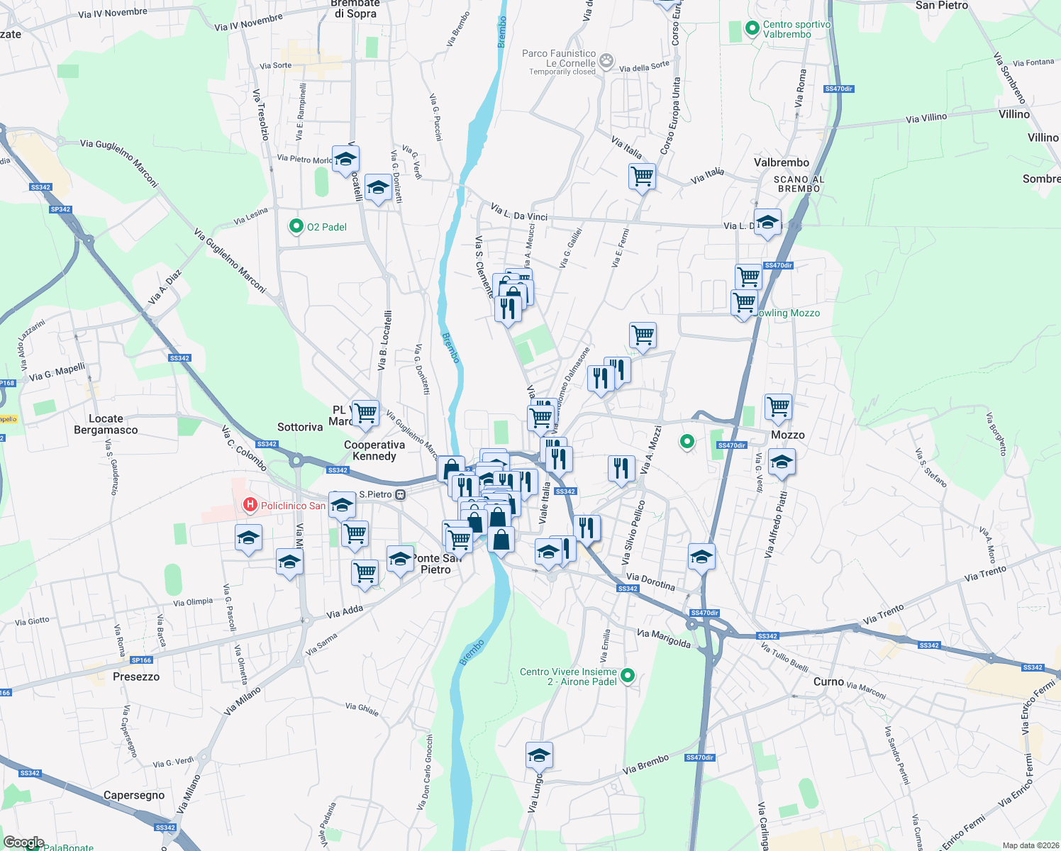 map of restaurants, bars, coffee shops, grocery stores, and more near 10 Via Galizzi in Ponte San Pietro