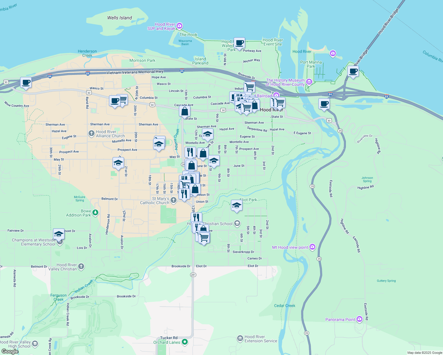 map of restaurants, bars, coffee shops, grocery stores, and more near 817 Pine Street in Hood River