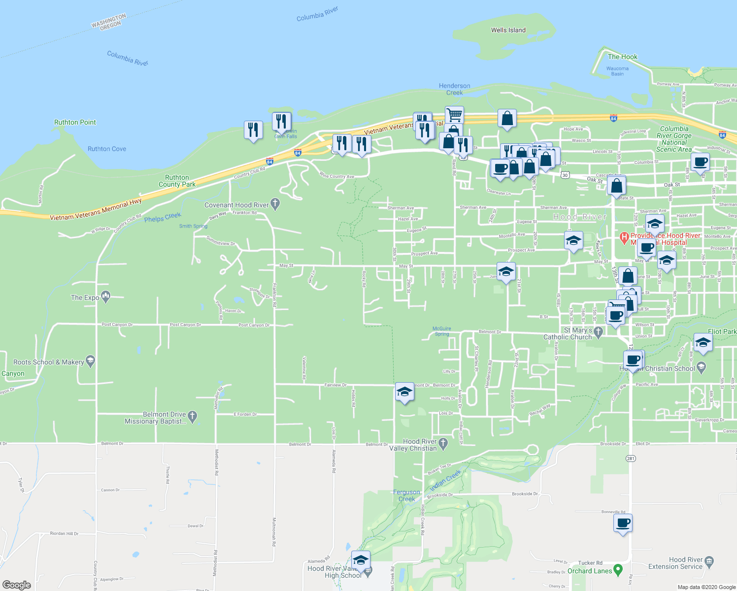 map of restaurants, bars, coffee shops, grocery stores, and more near 585 Rocky Road in Hood River