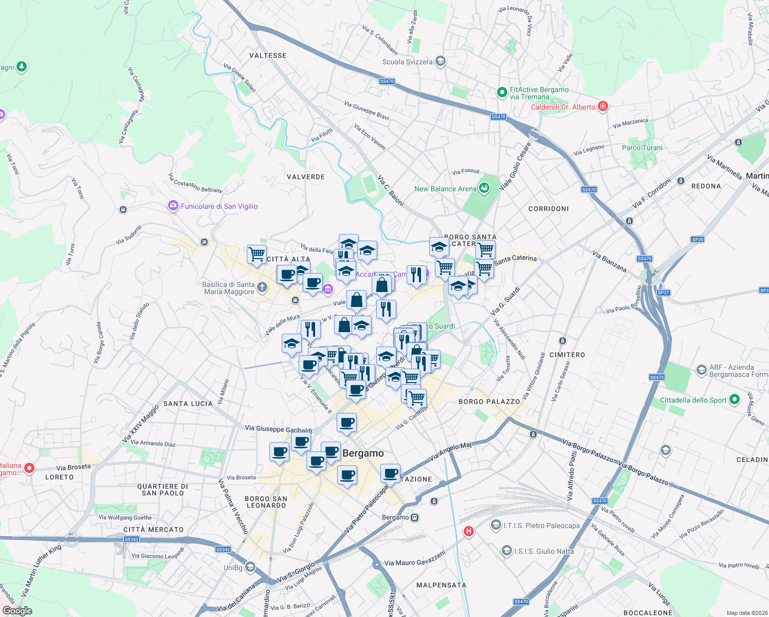 map of restaurants, bars, coffee shops, grocery stores, and more near 98 Vicolo Pelabrocco in Bergamo