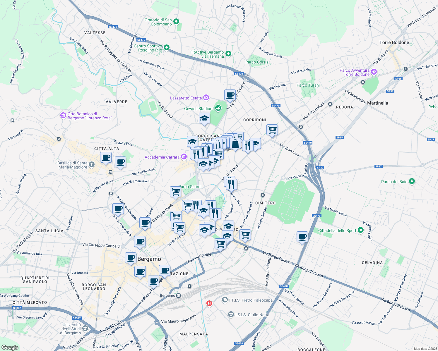 map of restaurants, bars, coffee shops, grocery stores, and more near 1-7 Via Gianforte Suardi in Bergamo