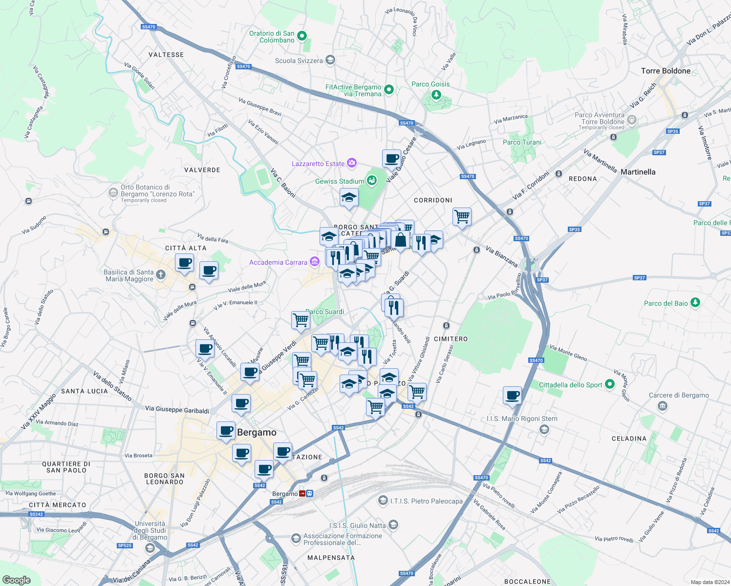 map of restaurants, bars, coffee shops, grocery stores, and more near 7 Via G. Suardi in Bergamo