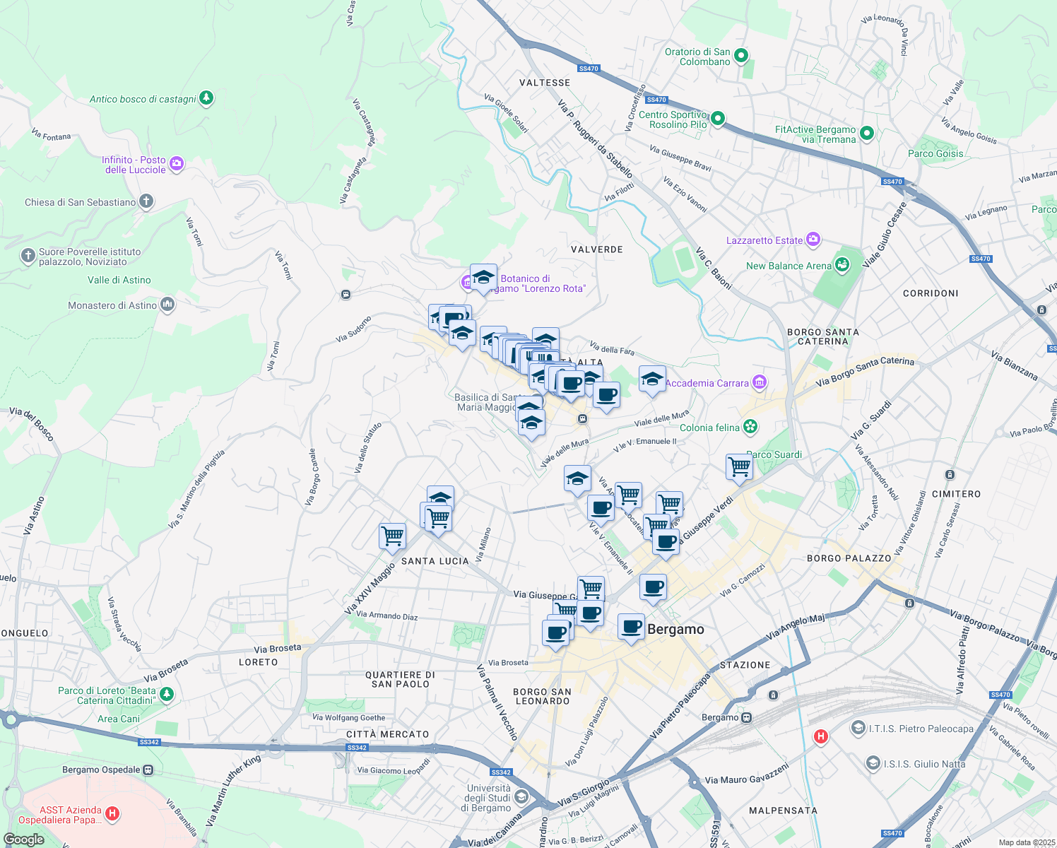 map of restaurants, bars, coffee shops, grocery stores, and more near 2 Via Arena in Bergamo