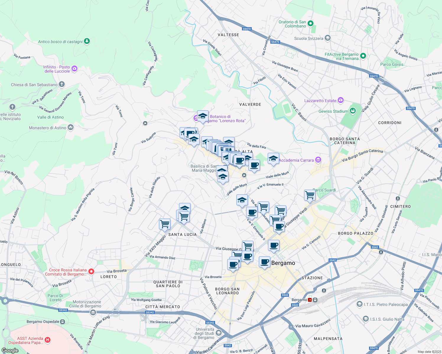 map of restaurants, bars, coffee shops, grocery stores, and more near 2 Via Arena in Bergamo