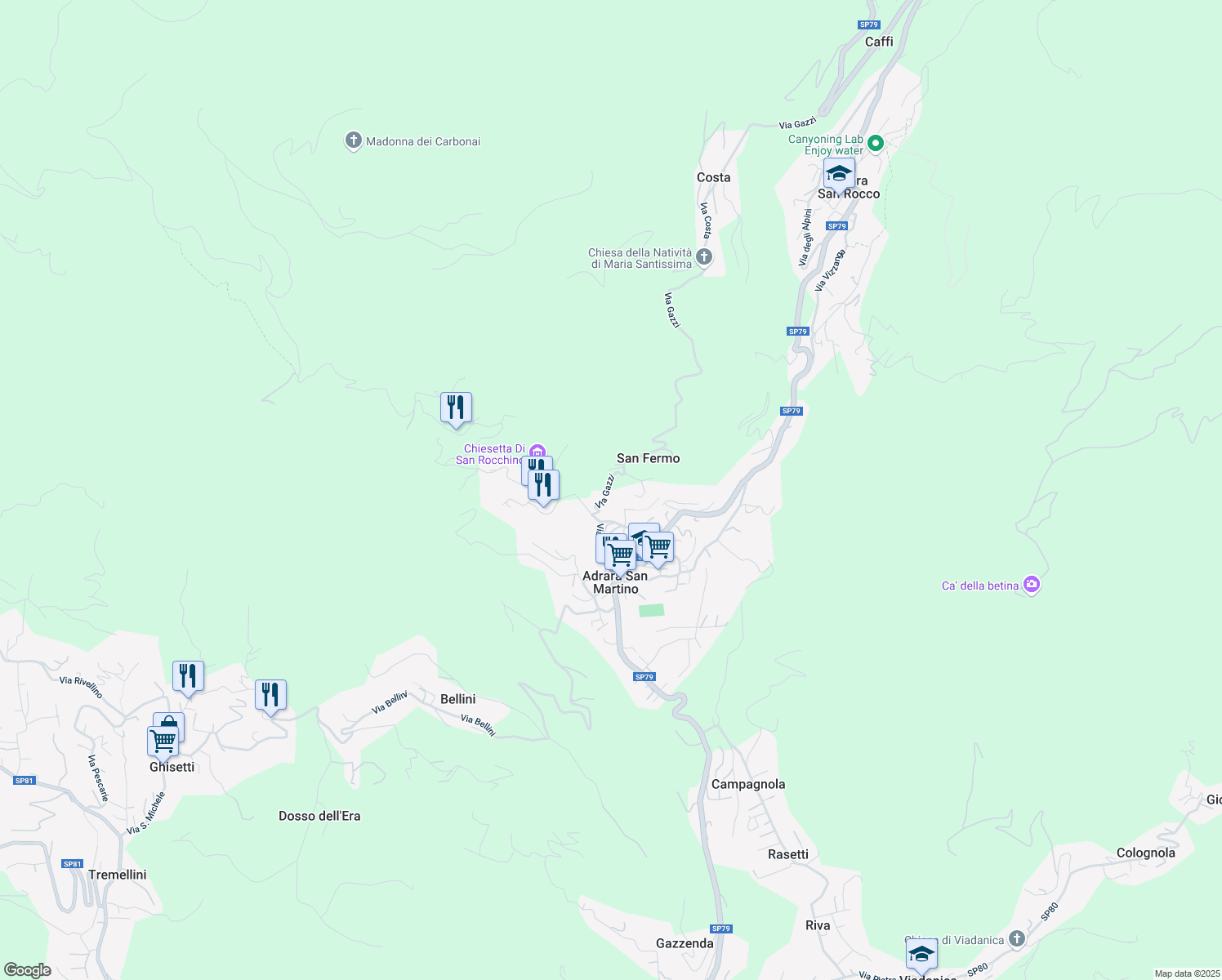 map of restaurants, bars, coffee shops, grocery stores, and more near 8 Via Pennini in Provincia di Bergamo