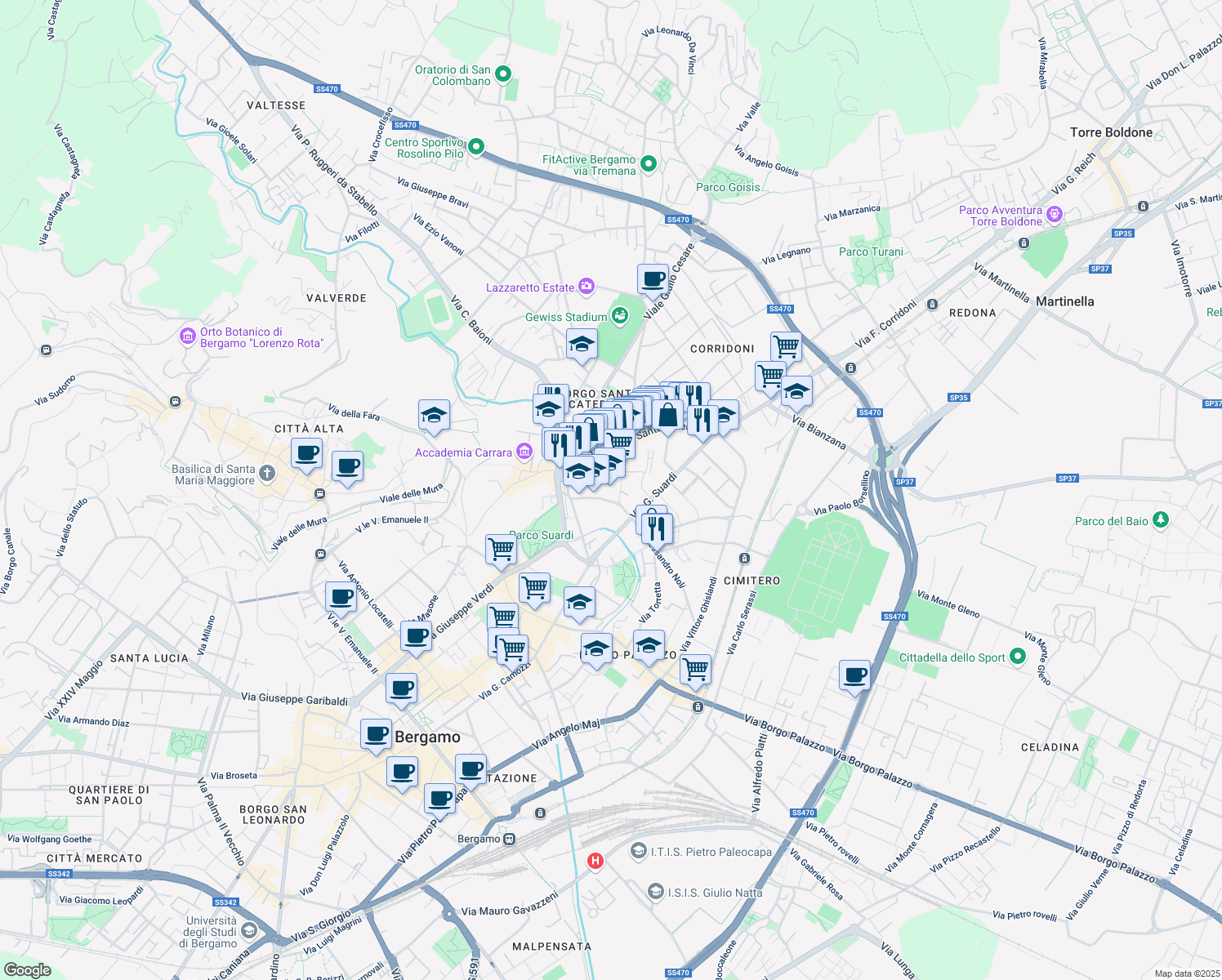 map of restaurants, bars, coffee shops, grocery stores, and more near 24 Via Alberico da Rosciate in Bergamo