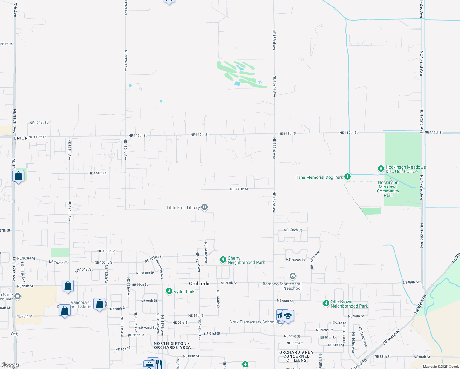 map of restaurants, bars, coffee shops, grocery stores, and more near 14426 Northeast 112th Street in Vancouver