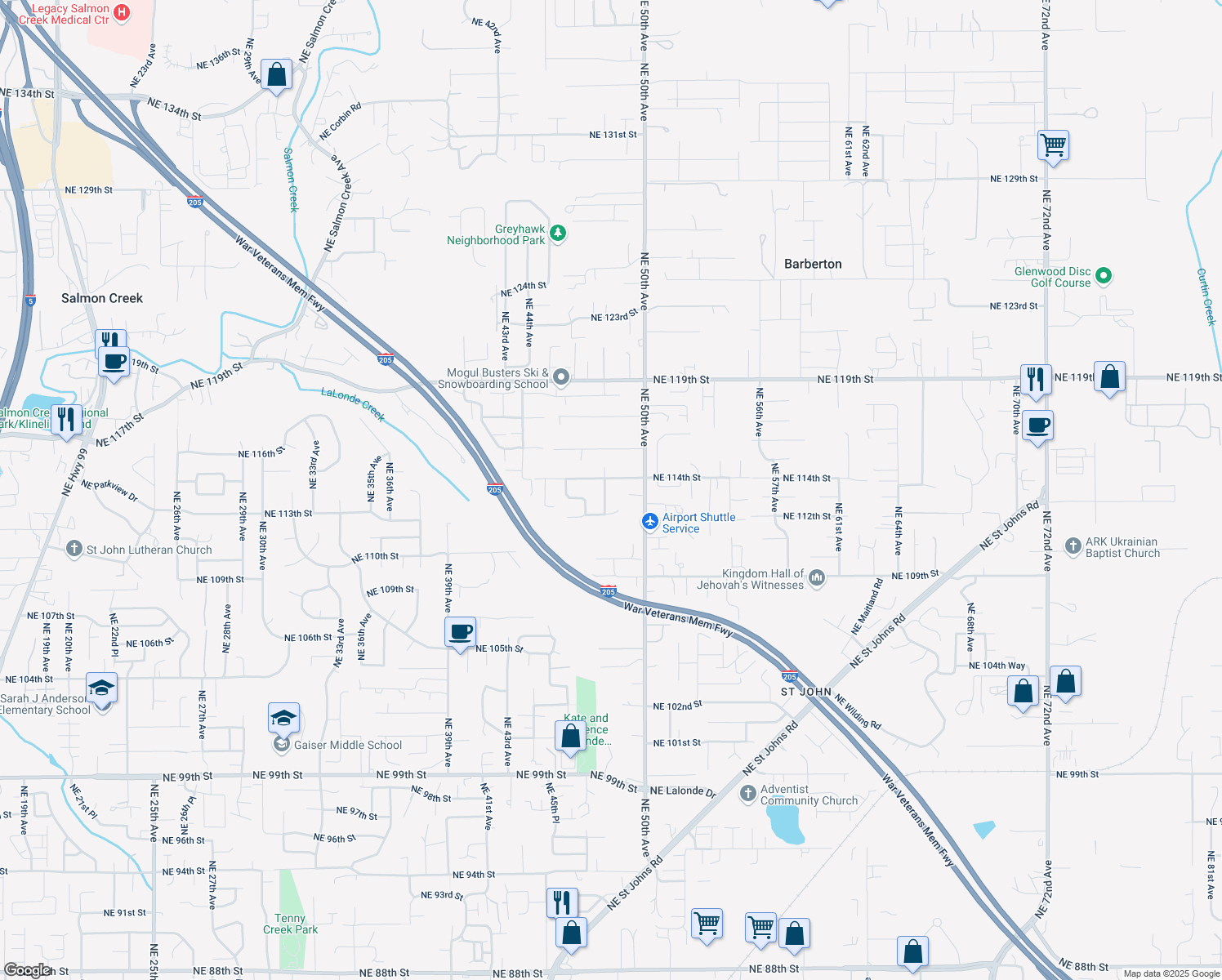 map of restaurants, bars, coffee shops, grocery stores, and more near 11301 Northeast 48th Avenue in Vancouver