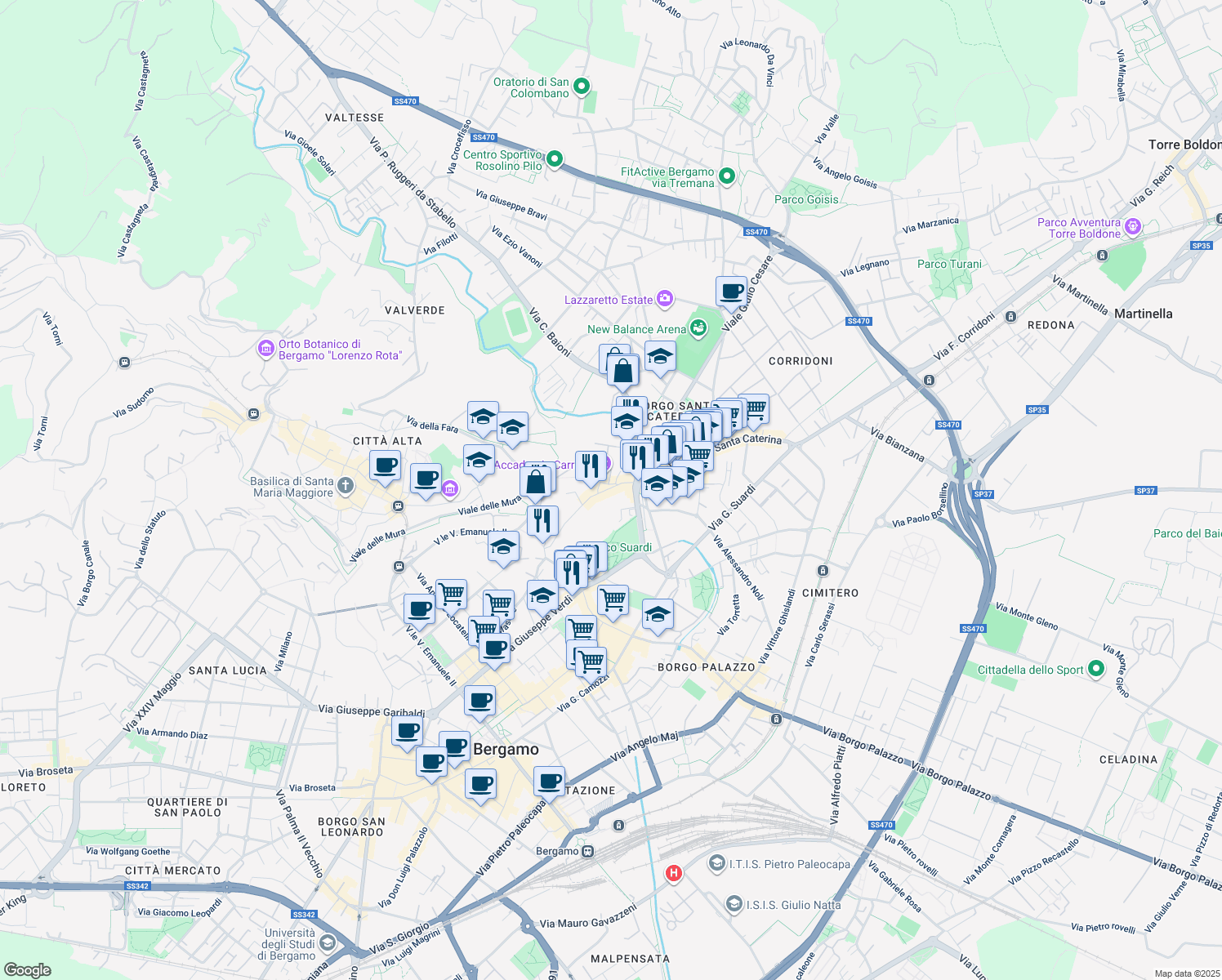 map of restaurants, bars, coffee shops, grocery stores, and more near 53 Via San Tomaso in Bergamo