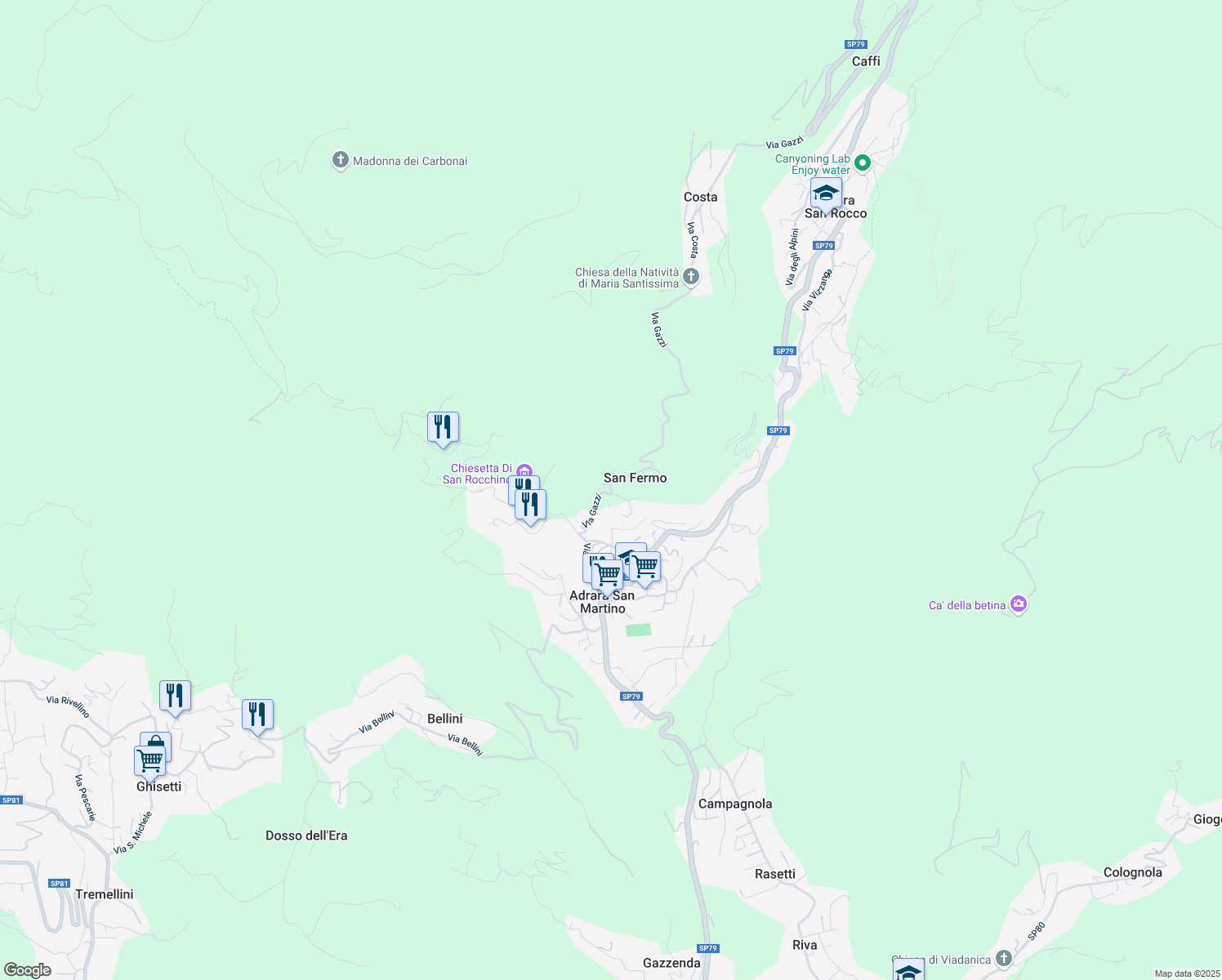 map of restaurants, bars, coffee shops, grocery stores, and more near 8 Via Pennini in Provincia di Bergamo