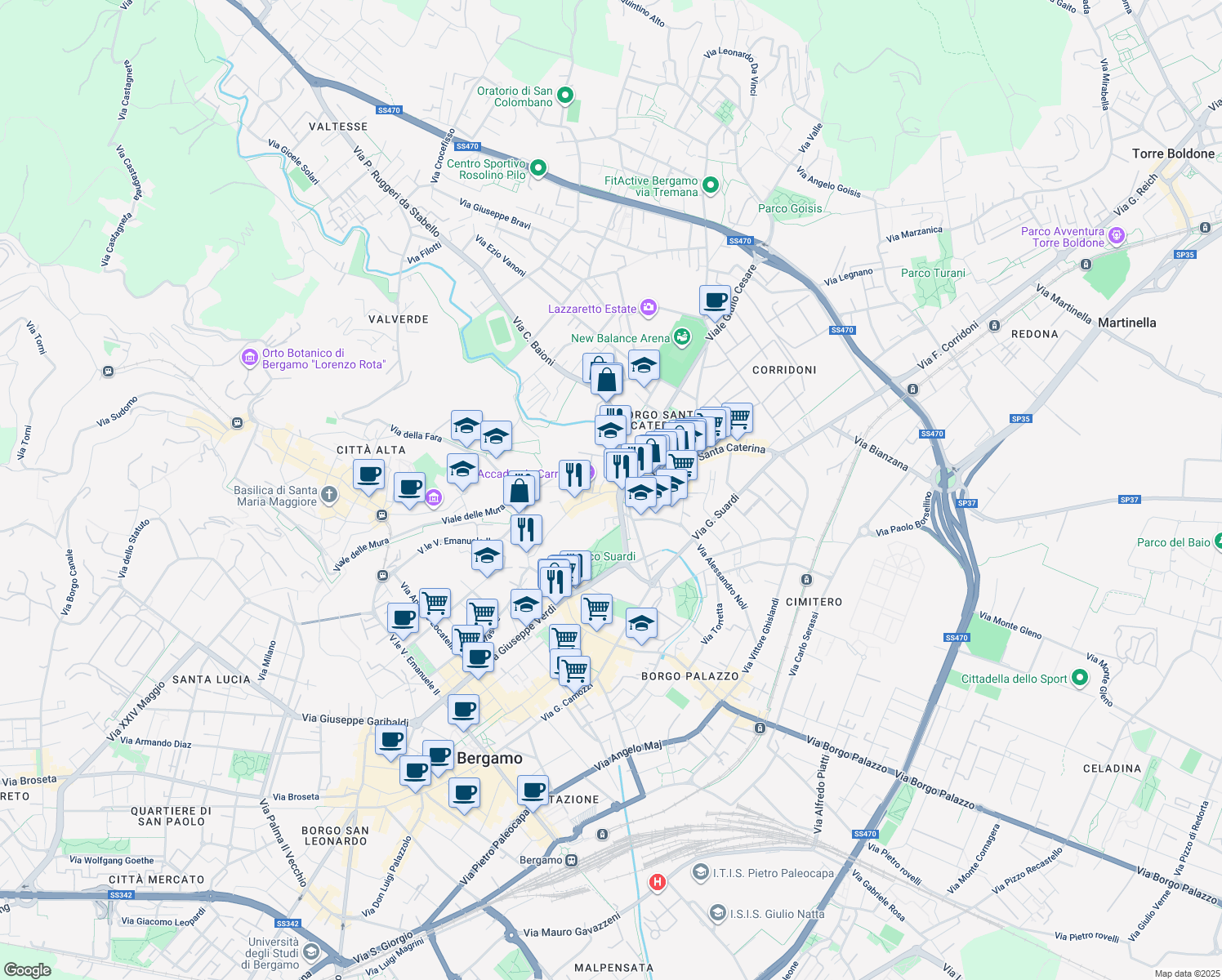 map of restaurants, bars, coffee shops, grocery stores, and more near 53 Via San Tomaso in Bergamo