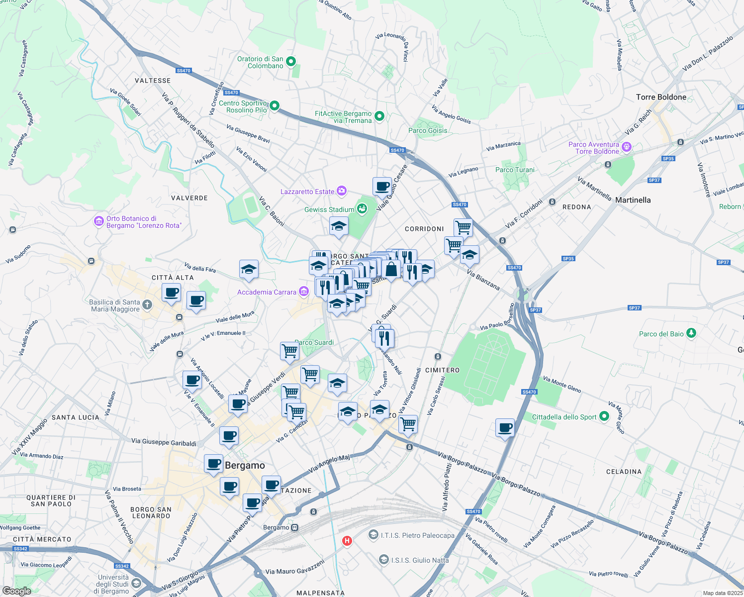 map of restaurants, bars, coffee shops, grocery stores, and more near 20-24 Via Alberico da Rosciate in Bergamo