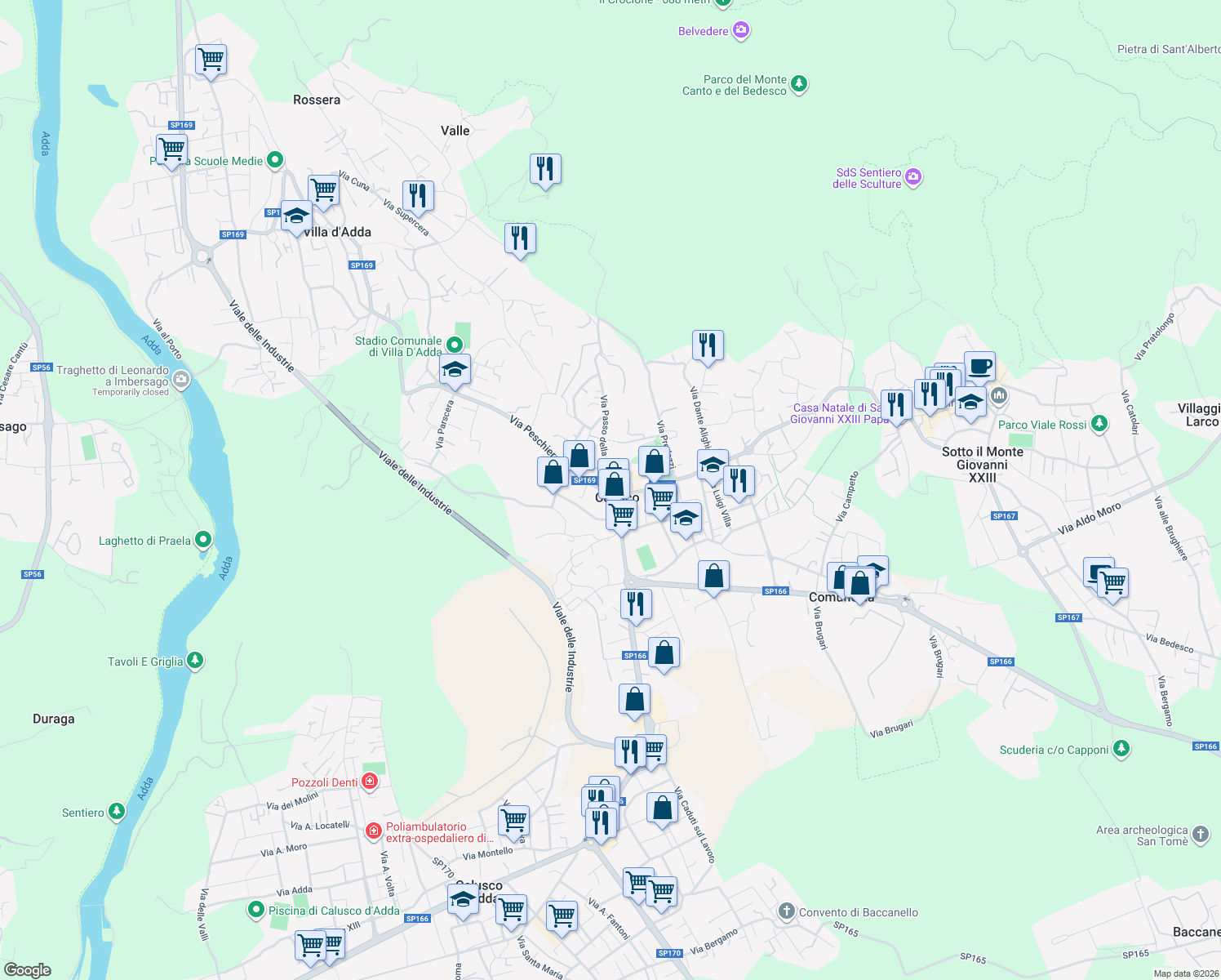map of restaurants, bars, coffee shops, grocery stores, and more near 15 Via Guglielmo Marconi in Carvico